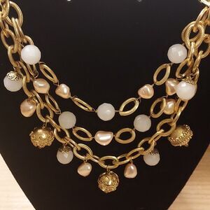 Gold triple multi chain layered bead necklace vintage